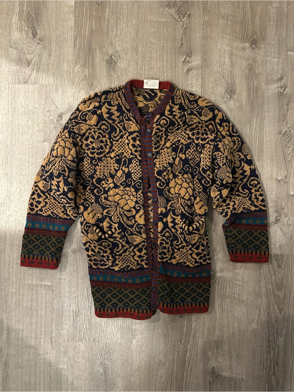 Vintage-Inspired Floral Jacquard Cardigan Sweater - Navy & Tan